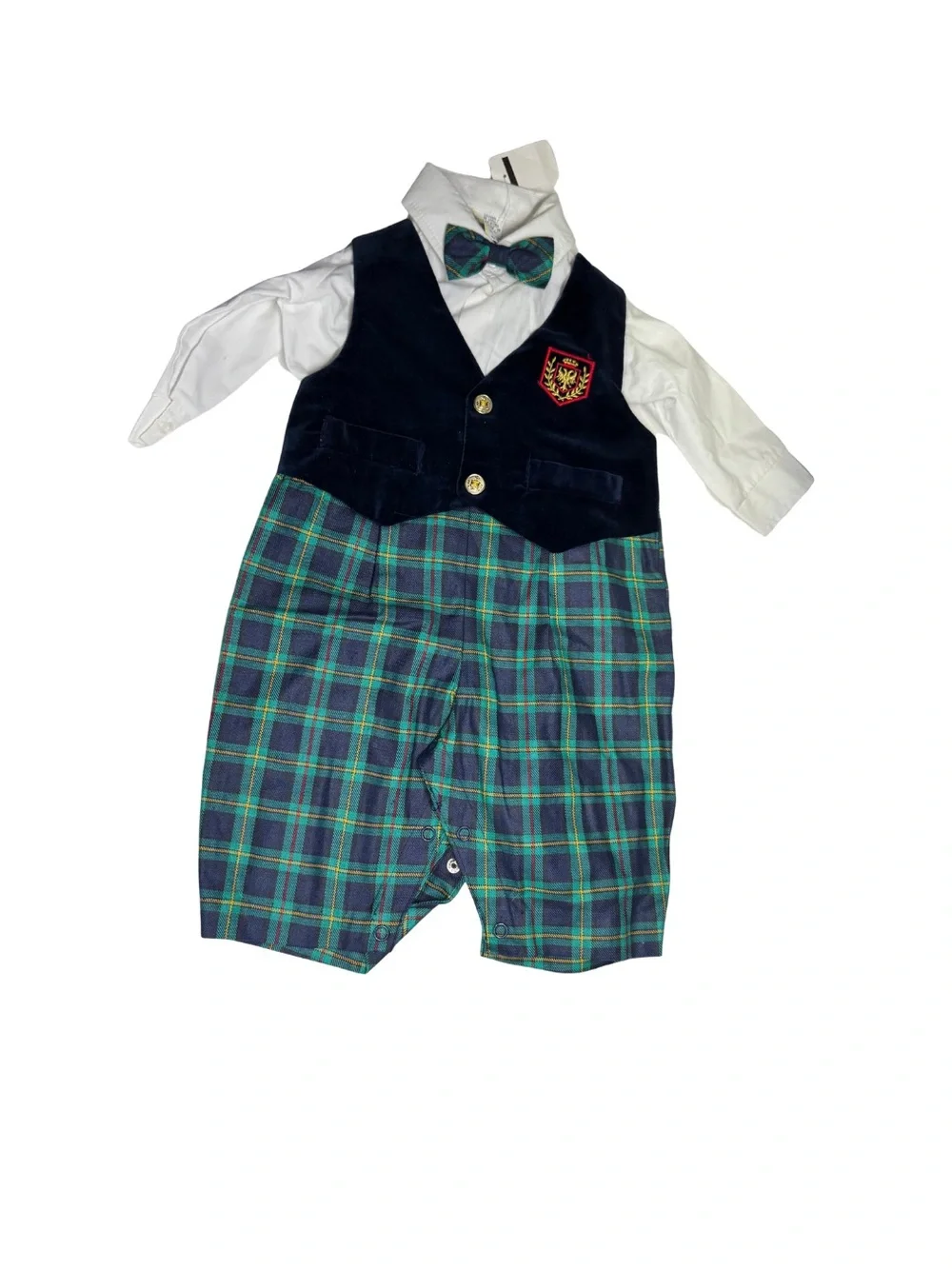 2pc vintage Navy Green Blue Plaid 3-6 mo pants shirt bow Tie Classic Formal new